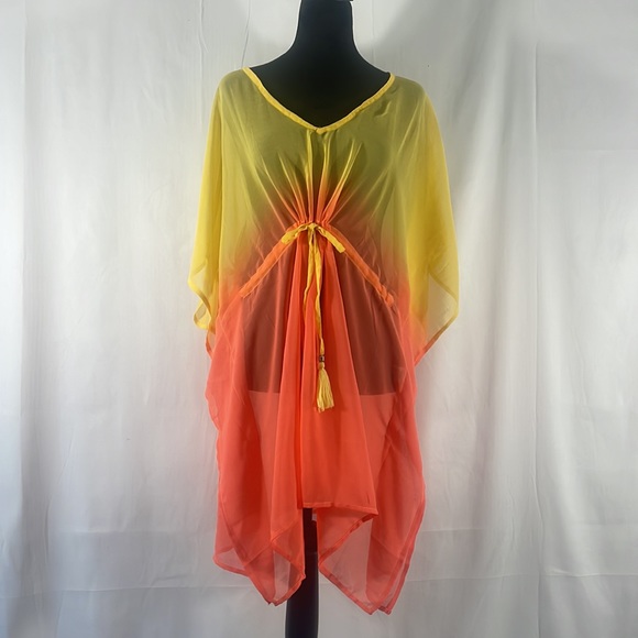 Orange & Yellow,,V neck, sheer, Tassels, swim cover up, Tunic,Top,dress, L/XL - Picture 10 of 10